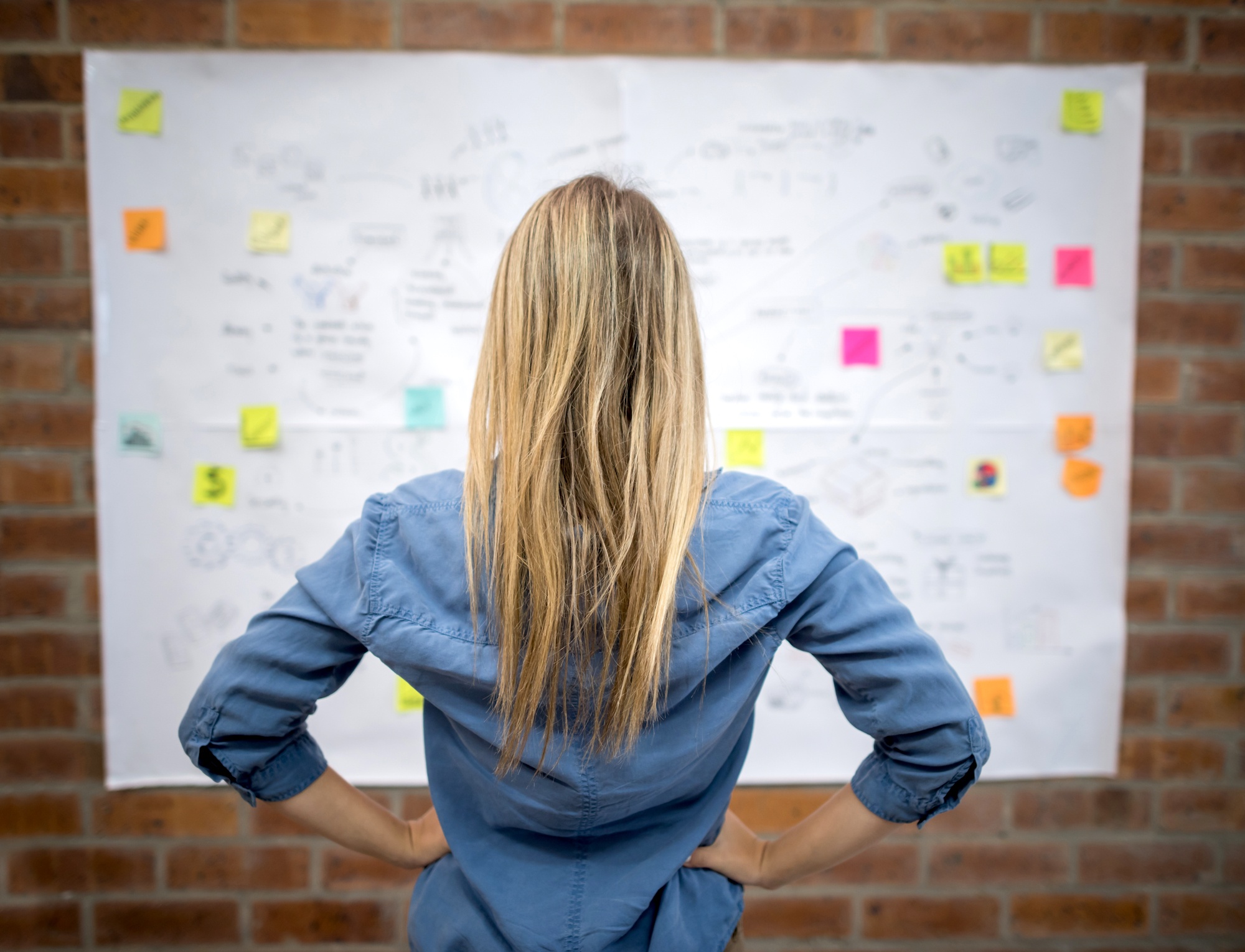 Person standing with their back to us looking at a large piece of paper on the wall with notes and stickies