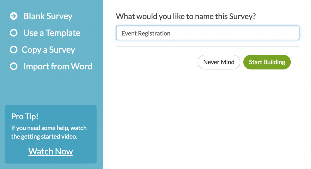 Naming survey example screenshot in Alchemer dashboard