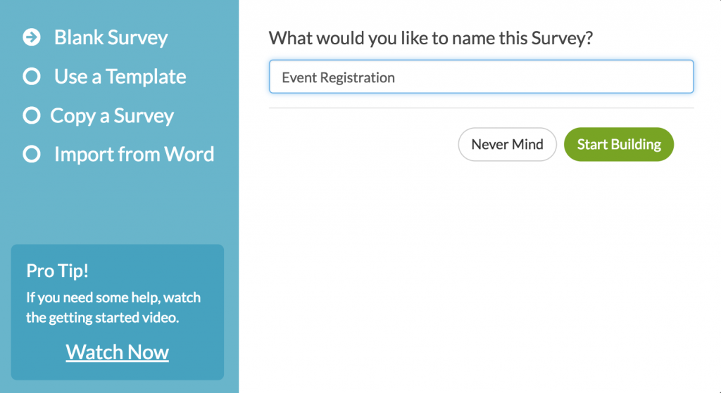 Naming survey example screen