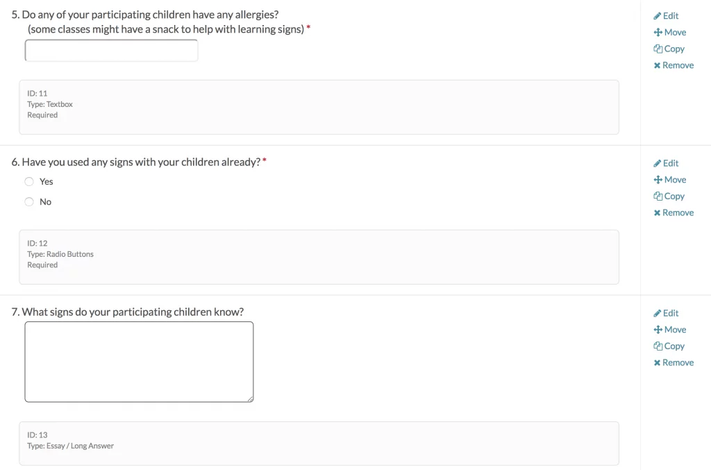 Screenshot of creating a survey and survey question examples