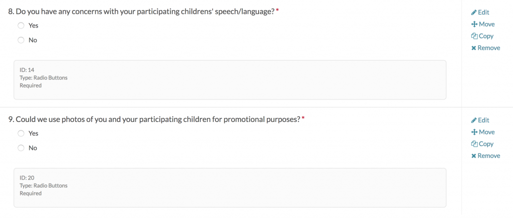 Screenshot of creating a survey and survey question examples