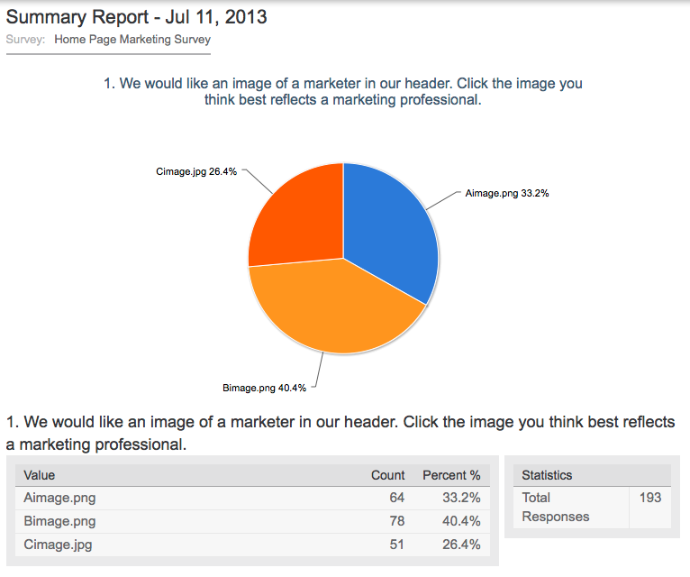 Survey summary report example with pie chart and percentage breakdowns