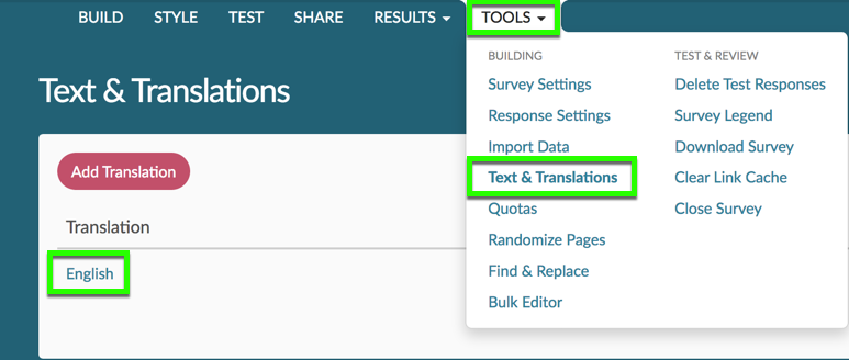 onsite navigation to find text and translations via tools dropdown