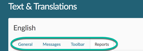 Text translations options: General, Messages, Toolbar, and Reports