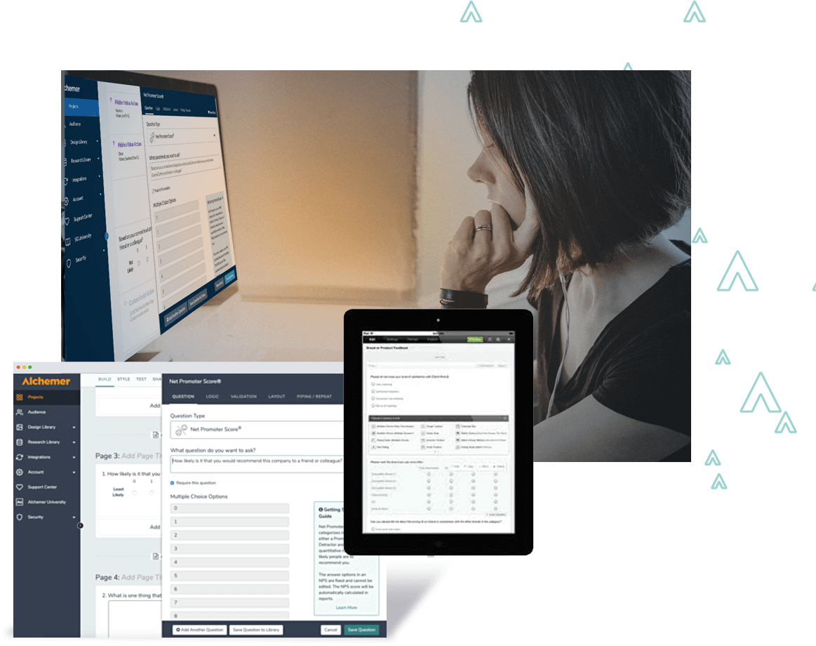 Alchemer survey dashboard examples on tablet and desktop overlaid on an image of a person looking closely at their computer screen