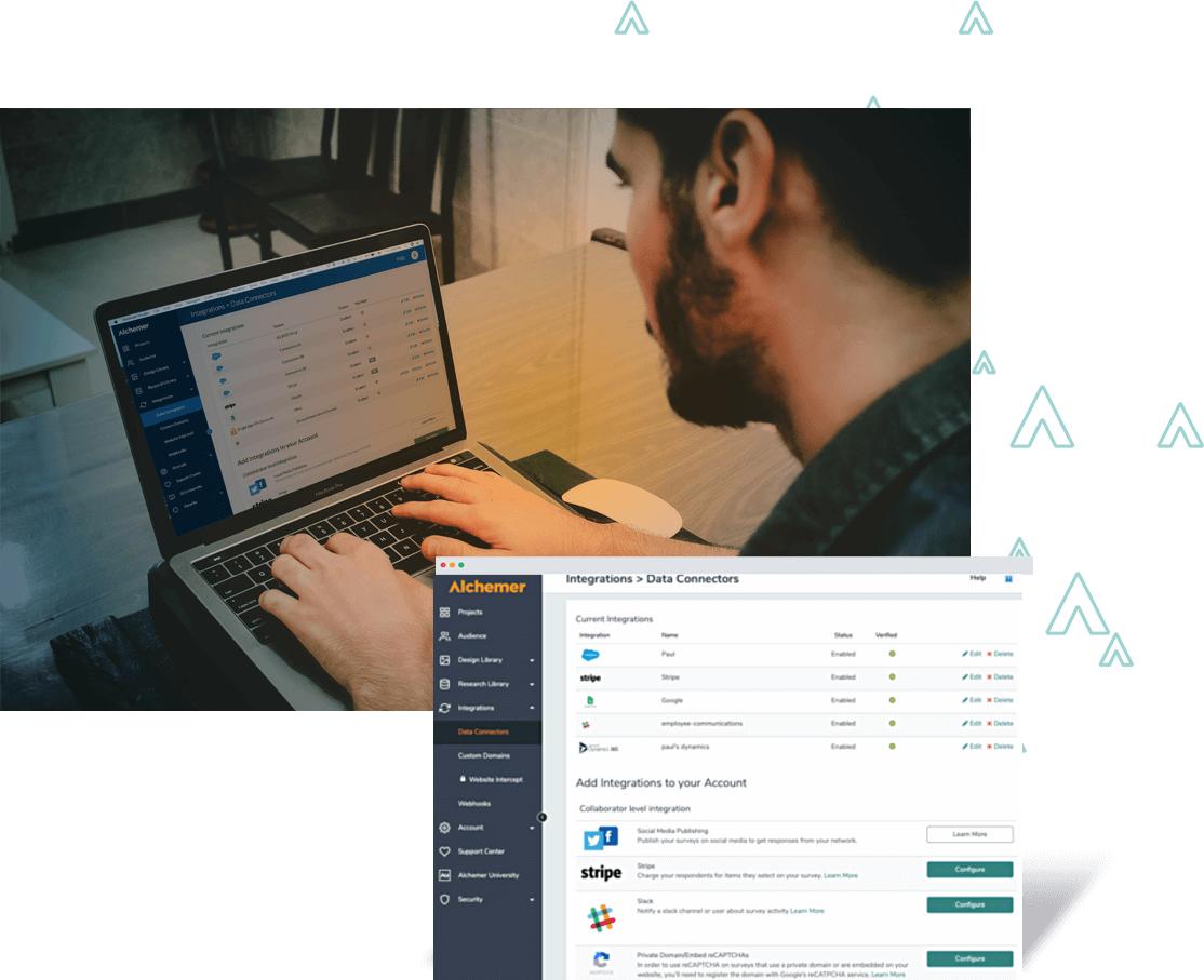 Alchemer data collectors dashboard overlaid on an image of a man typing on a computer