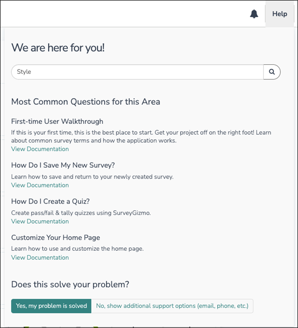 Screenshot of Alchemer help documentation search results for style