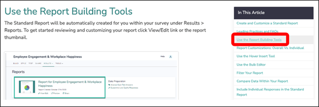Screenshot of Alchemer help documentation site report building tools section