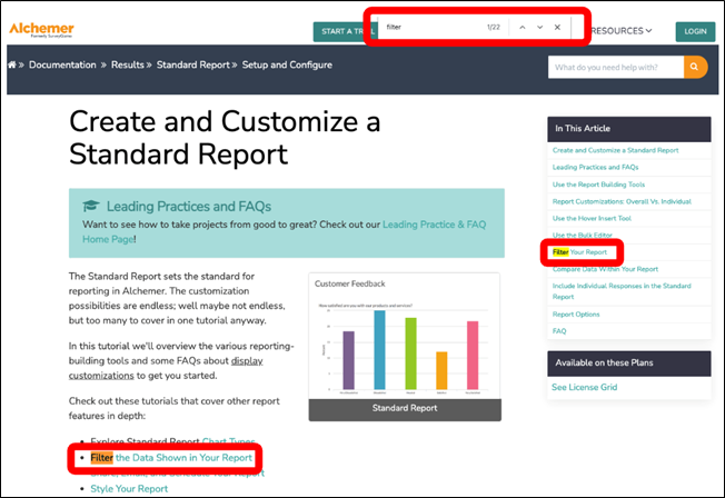 Screenshot of Alchemer help documentation site filter function