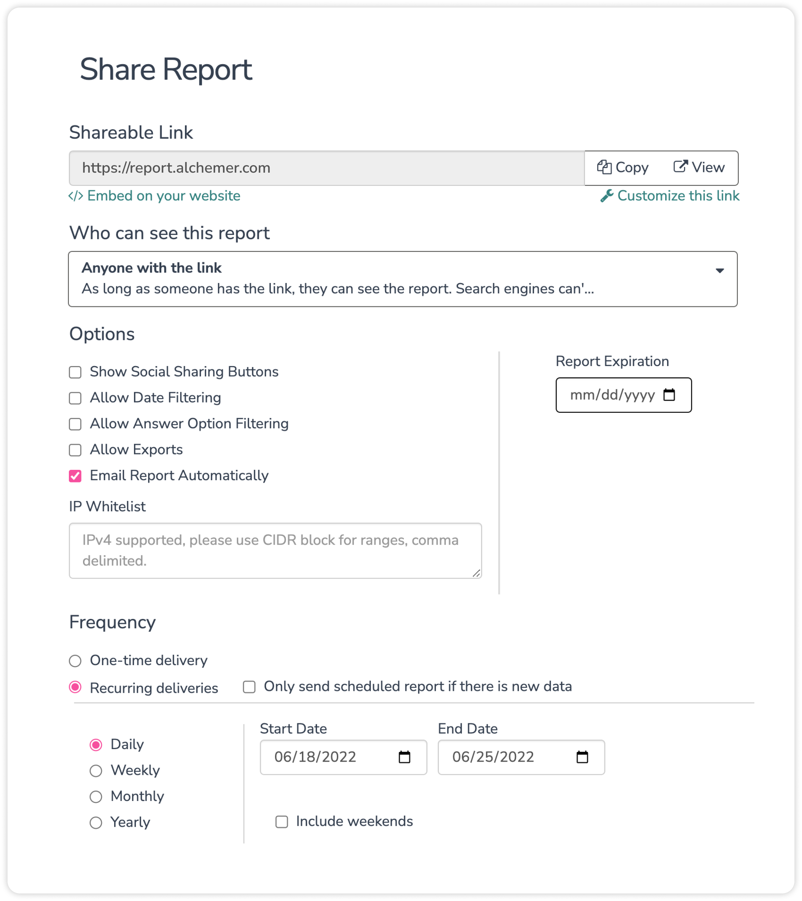 Alchemer platform share report screenshot