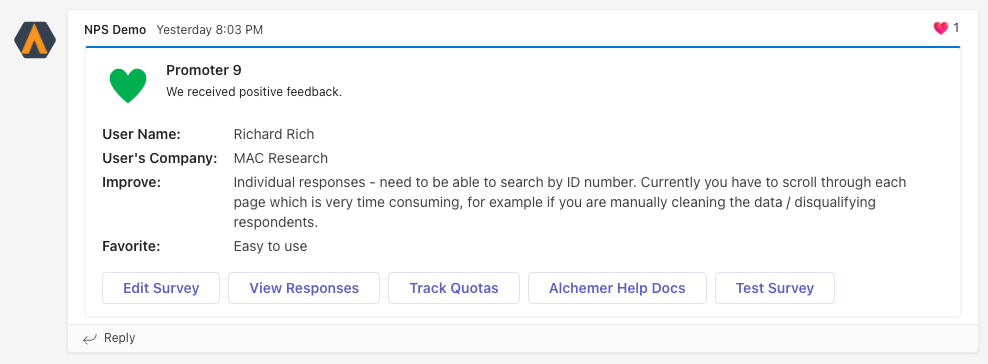 Screenshot of Alchemer NPS Demo Customer Feedback