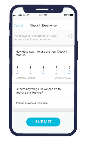 Image of a mobile phone with example mobile app survey questions for product feedback