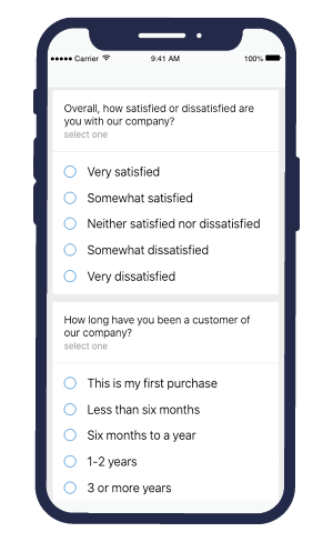 Image of a mobile phone with example mobile app survey questions for customer sentiment feedback