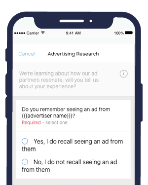 Image of a mobile phone with example mobile app survey questions for ad feedback