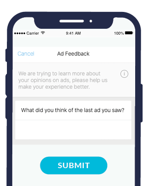 Image of a mobile phone with example mobile app survey questions for ad feedback