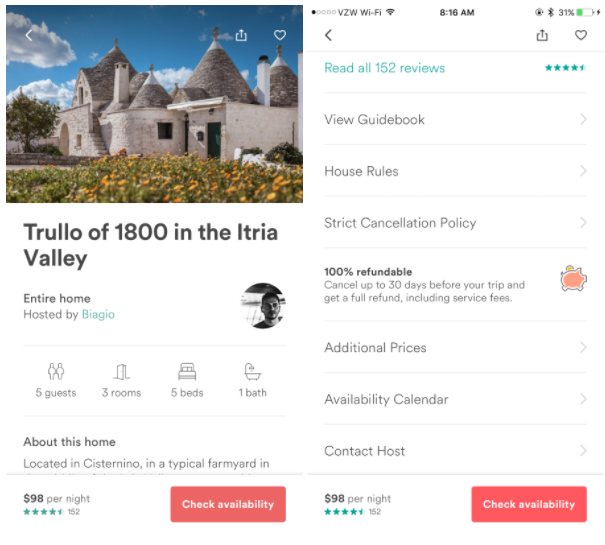 Airbnb in-app listing