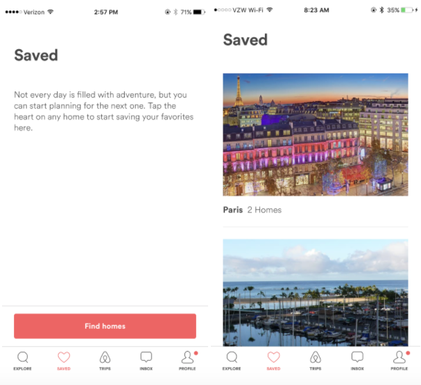 Airbnb mobile app saved folder