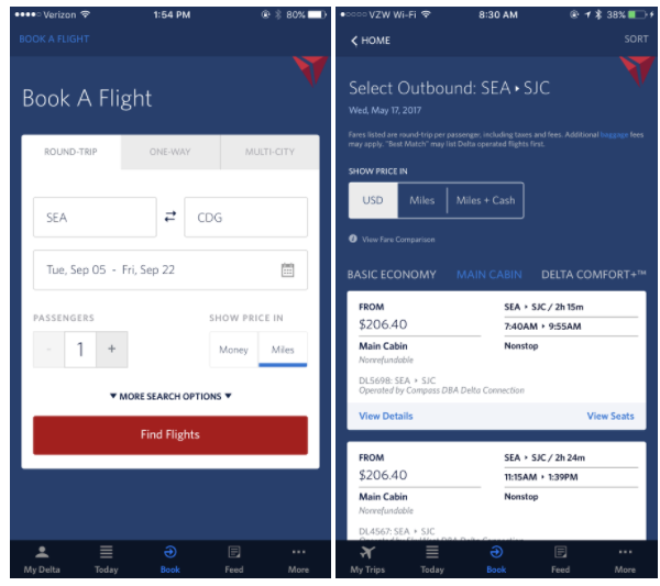 Delta's in-app search