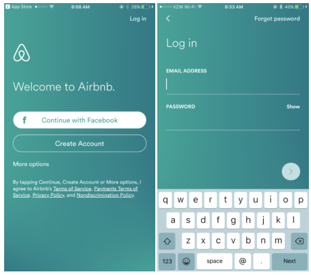 Airbnb's mobile app login