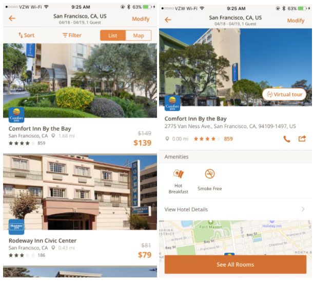 Choice Hotels in-app listing