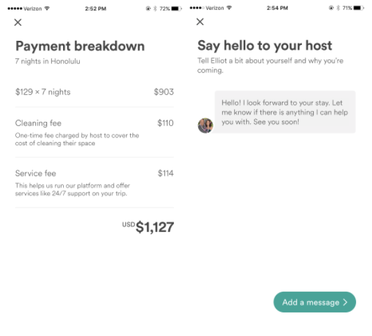 Airbnb in-app pricing and messaging