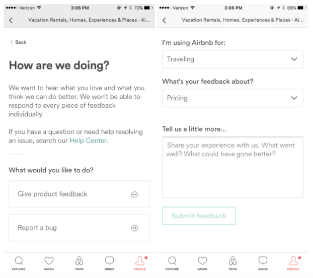 Airbnb in-app feedback