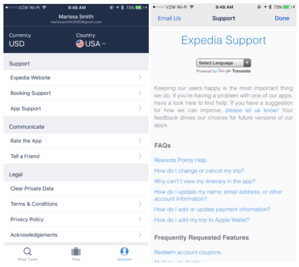 Expedia in-app support