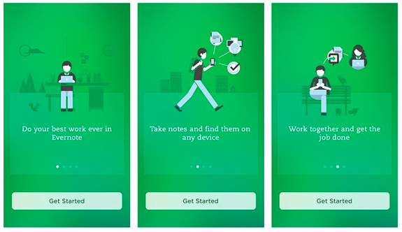 Three green app screens: 1) Person on laptop with text Do your best work. 2) Person with mobile icons and text Take notes and find them on any device. 3) People working together with text Work together and get the job done. Each has a Get Started button.
