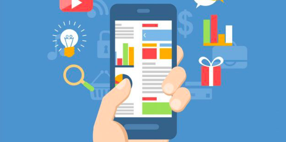Illustration of a hand holding a smartphone displaying various colorful charts and graphs. Surrounding the phone are icons of a magnifying glass, light bulb, play button, bar graphs, a gift box, and a speech bubble, all set against a blue background.