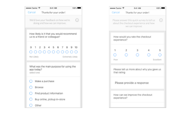 App cart abandonment survey and cart completion survey for in-app feedback