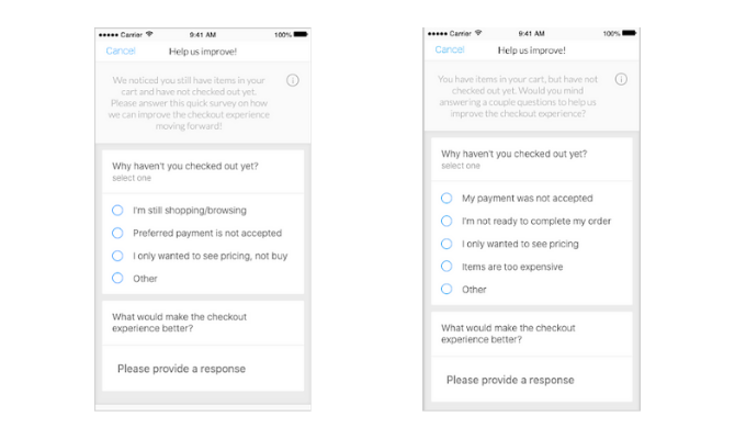 App cart abandonment survey and cart completion survey for in-app feedback