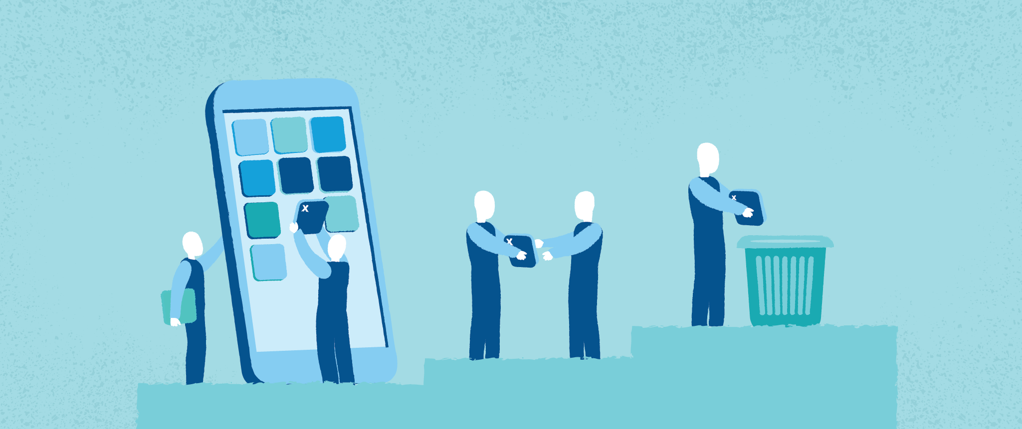 Illustration of people removing mobile app icons.