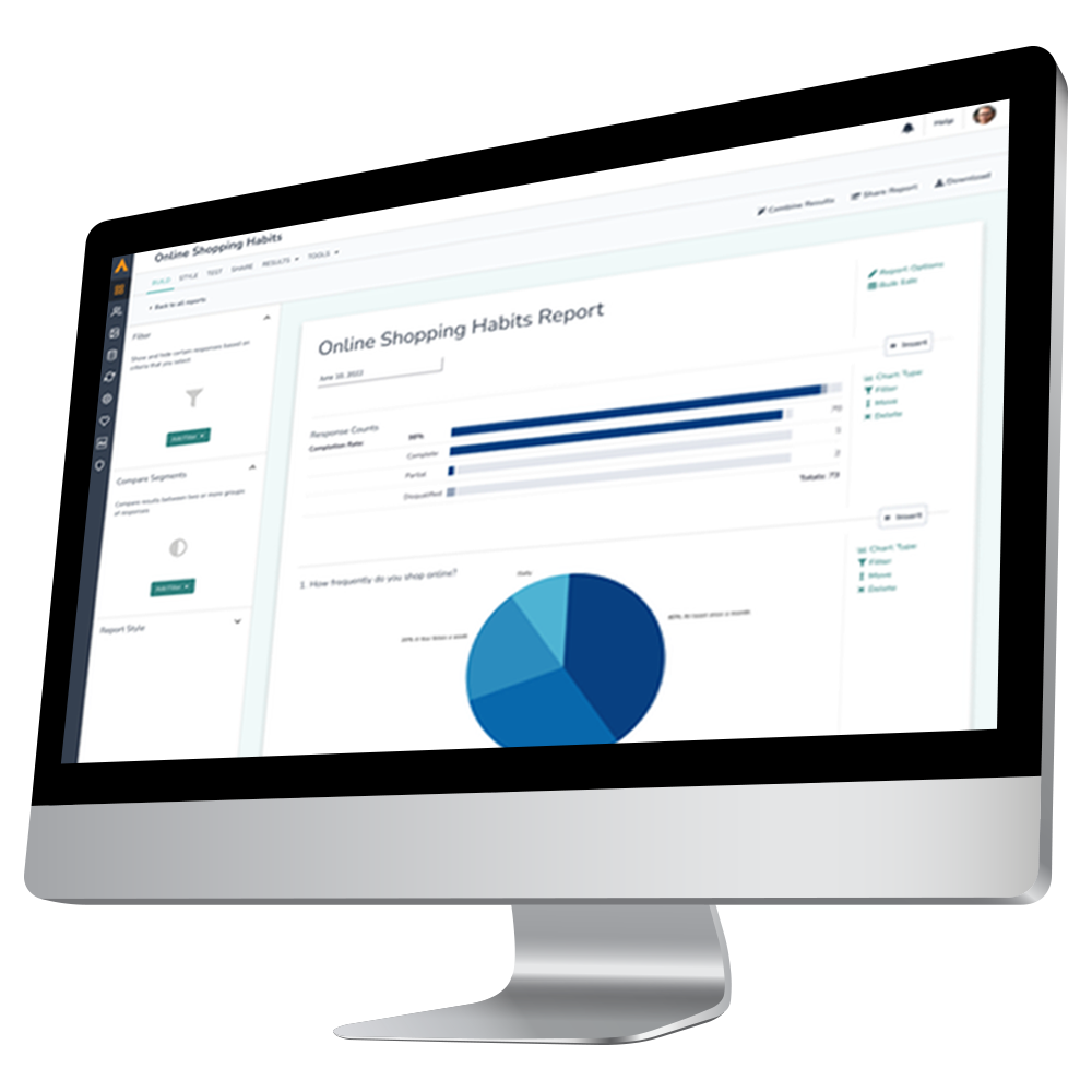 A computer monitor displays an online shopping habits report, featuring a bar chart and a pie chart. The screen shows various options and data analysis tools for understanding consumer behavior.