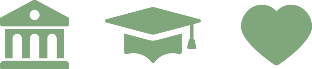 Green icons on a transparent background: a bank or institution building, a graduation cap, and a heart.