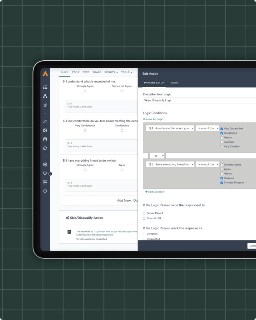 Alchemer Survey Platform screenshot showing how to build a survey. It shows 3 example questions: 3. I understand what is expected of me 4. How comfortable do you feel about meeting the expectations 5. I have everything I need to do my job. On the left side of the