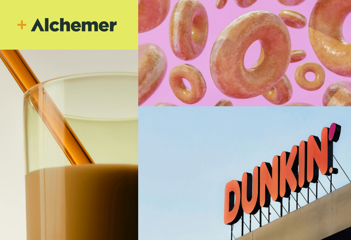 Alchemer Dunkin Case Study Photo showing Alchemer Logo in green with yellow background. A photo of glazed donuts with pink background. A close up photo of a Dunkin Donuts Iced Coffee drink and the Dunkin Logo