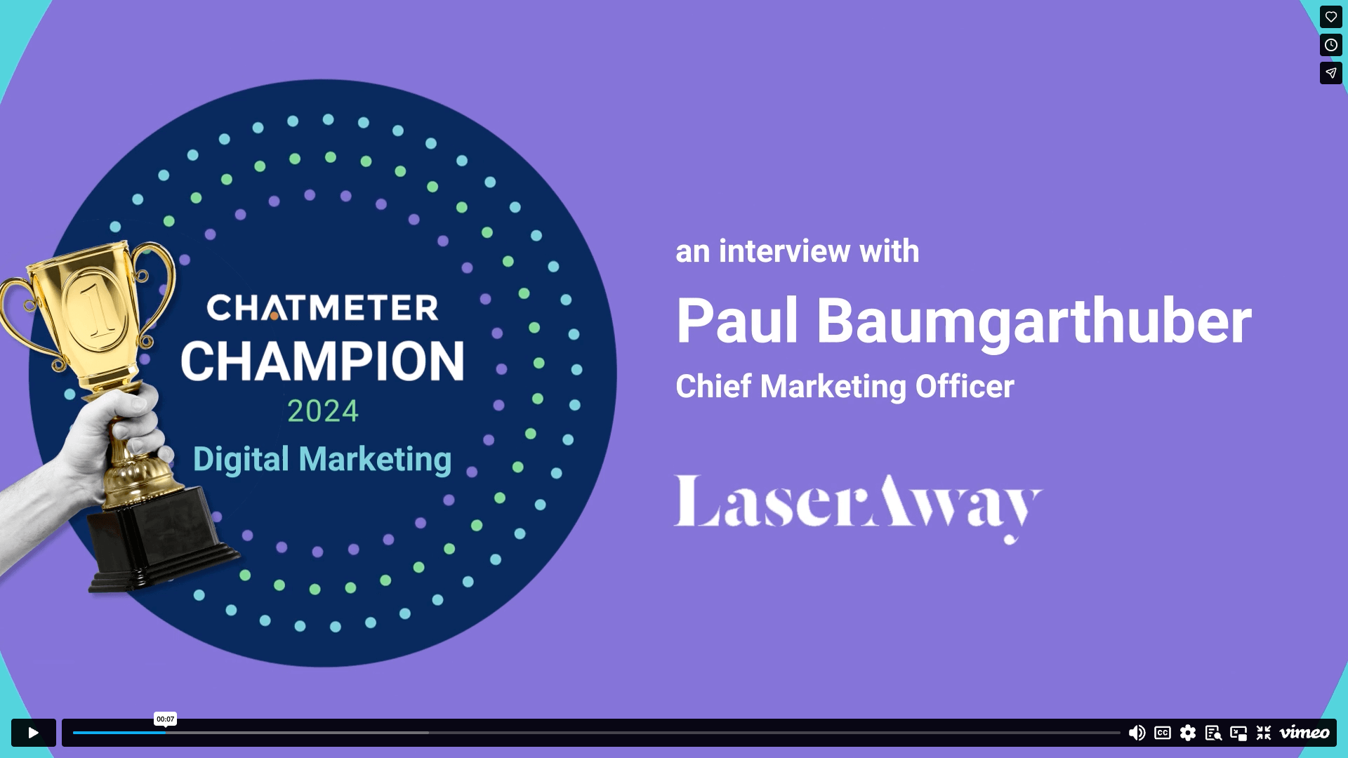 A hand holds a trophy next to text reading “Chatmeter Champion 2024 Digital Marketing.” Beside it is An interview with Paul Baumgarthuber, Chief Marketing Officer, LaserAway on a purple background.