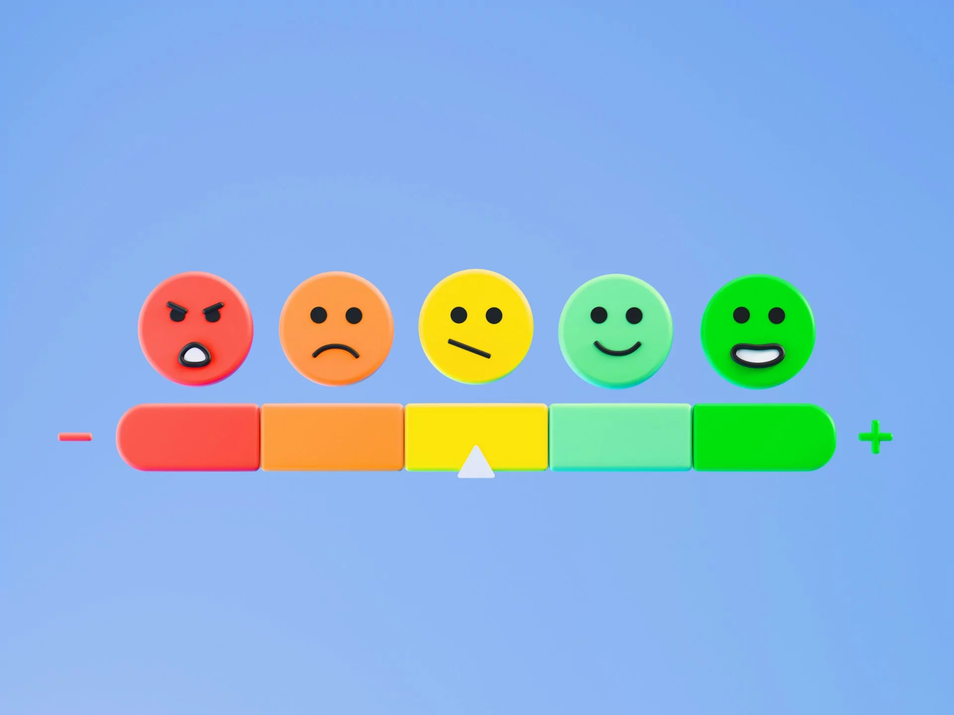 A horizontal scale used in NPS surveys with five colorful faces showing emotions from angry (red) to happy (green), a pointer on the neutral yellow face, and a minus sign on the left and plus sign on the right, set against a light blue background