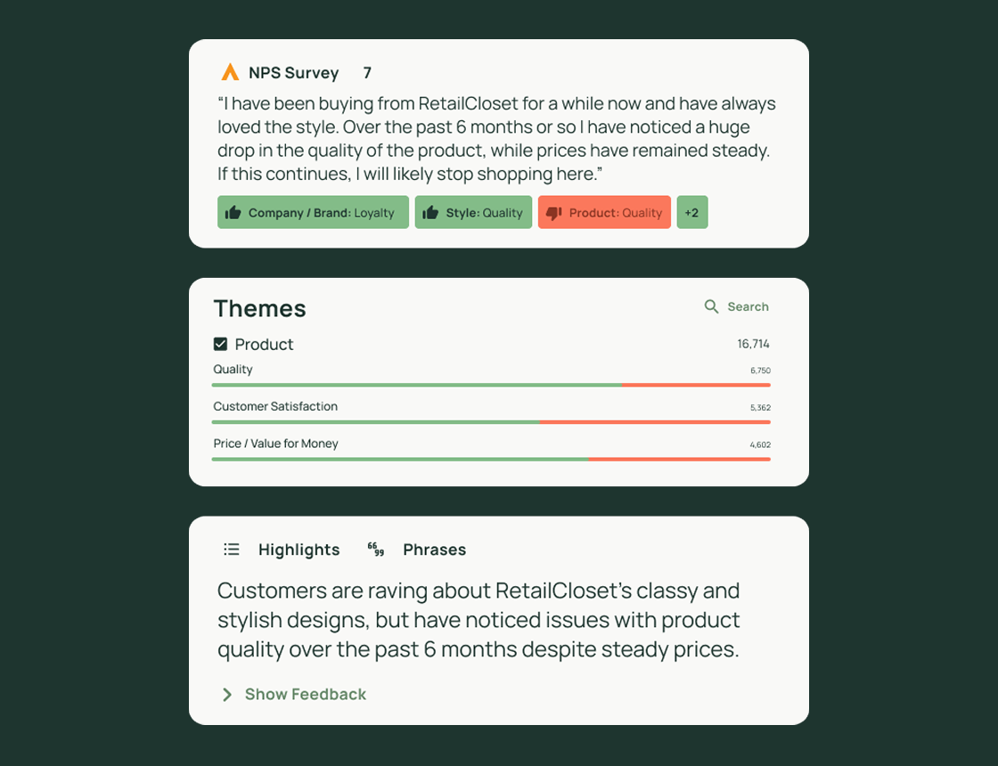 A dashboard displays NPS survey feedback highlighting product quality, customer satisfaction, and price value for RetailCloset, with graphs and summary text on positive customer reviews amid steady prices.