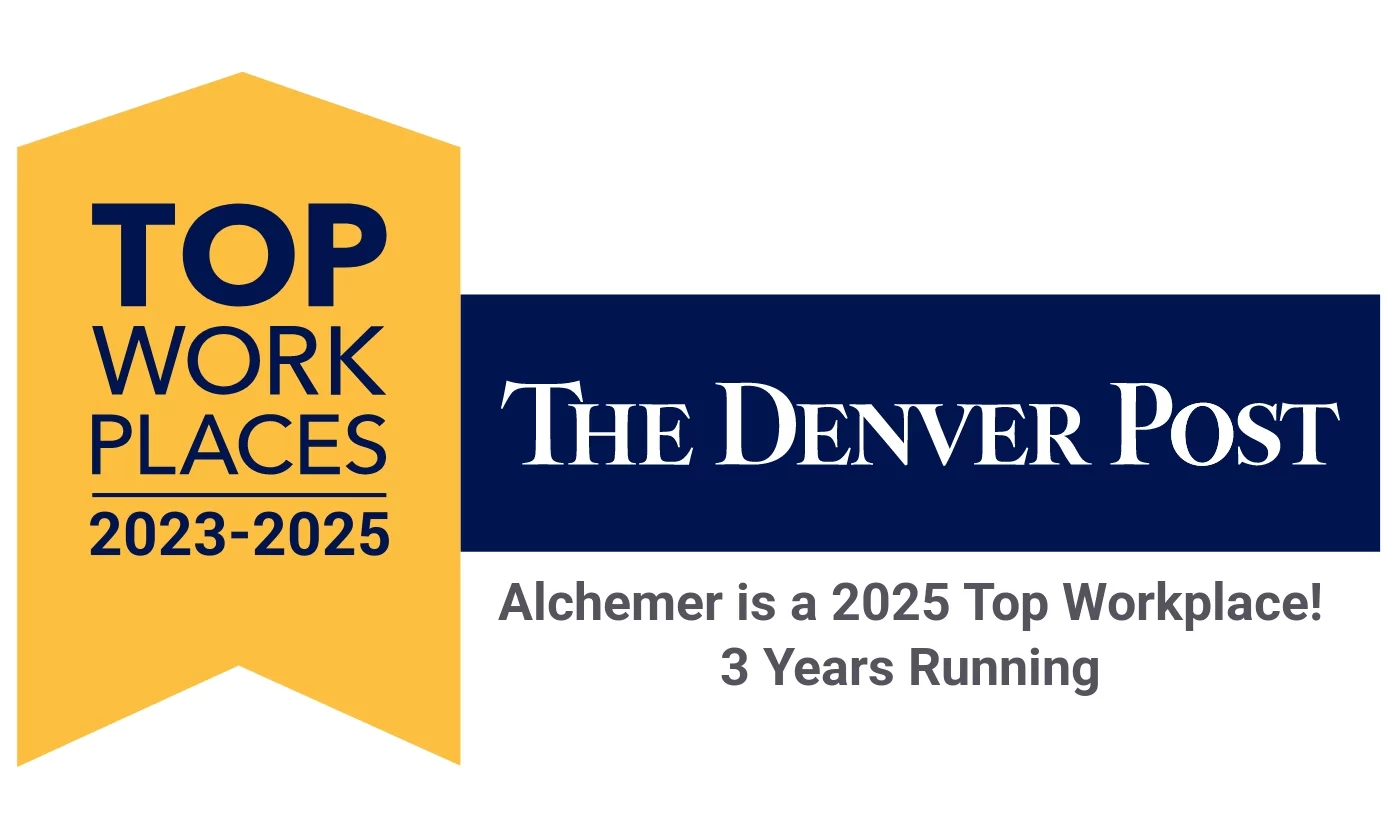 A yellow banner reads Top Workplaces 2023-2025 next to a blue rectangle with The Denver Post logo. Below, text says Alchemer is a 2025 Top Workplace! 3 Years Running.