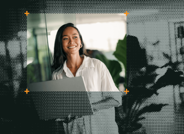 A woman with long dark hair and a white shirt smiles while holding a laptop. The background includes blurred greenery, and the image is overlaid on a black and white halftone graphic design.