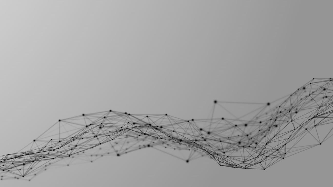 A grayscale abstract image showing a network of interconnected lines and dots forming a wavy, mesh-like structure against a plain background.