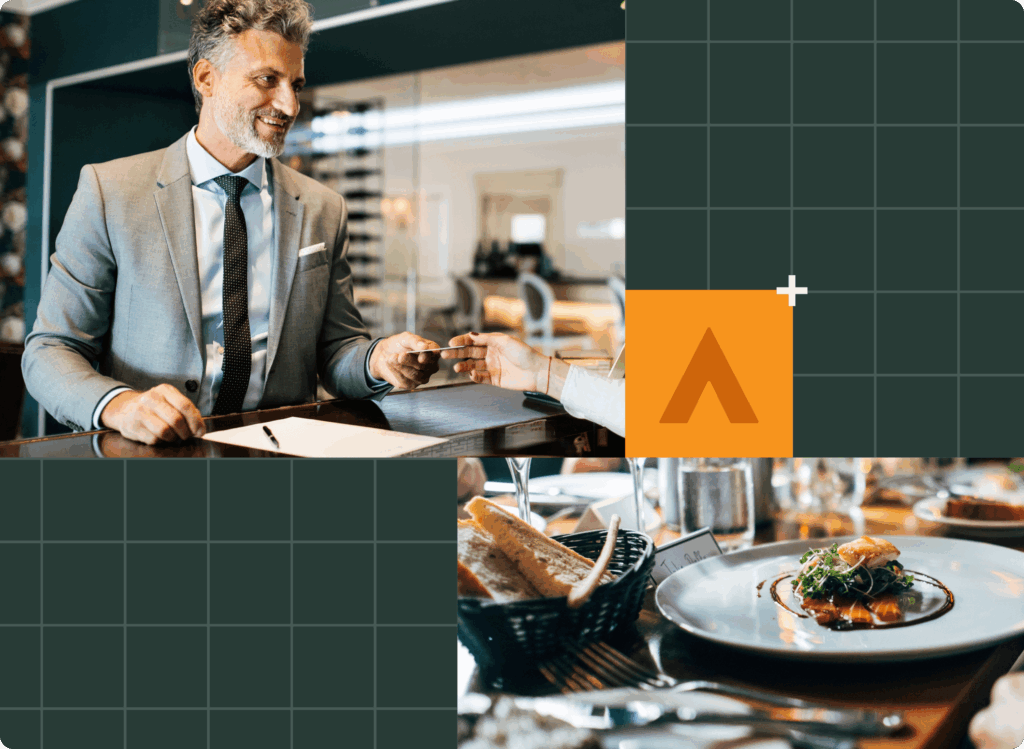 A smiling man in a suit pays with a credit card at a restaurant table; below, bread and a gourmet dish are served. The background features a grid pattern and an orange geometric shape, reflecting positive hospitality industry feedback.