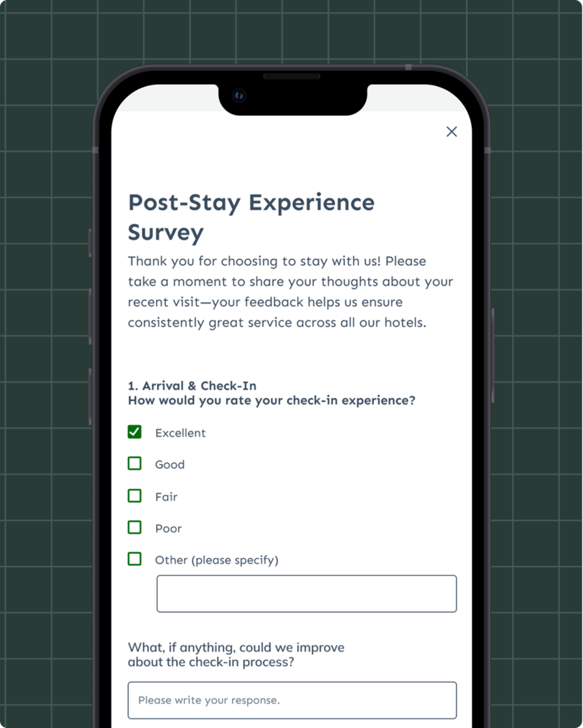 A smartphone screen displays a hotel post-stay experience survey, gathering hospitality industry feedback as guests rate their check-in as Excellent, Good, Fair, Poor, or Other and suggest improvements to the process.