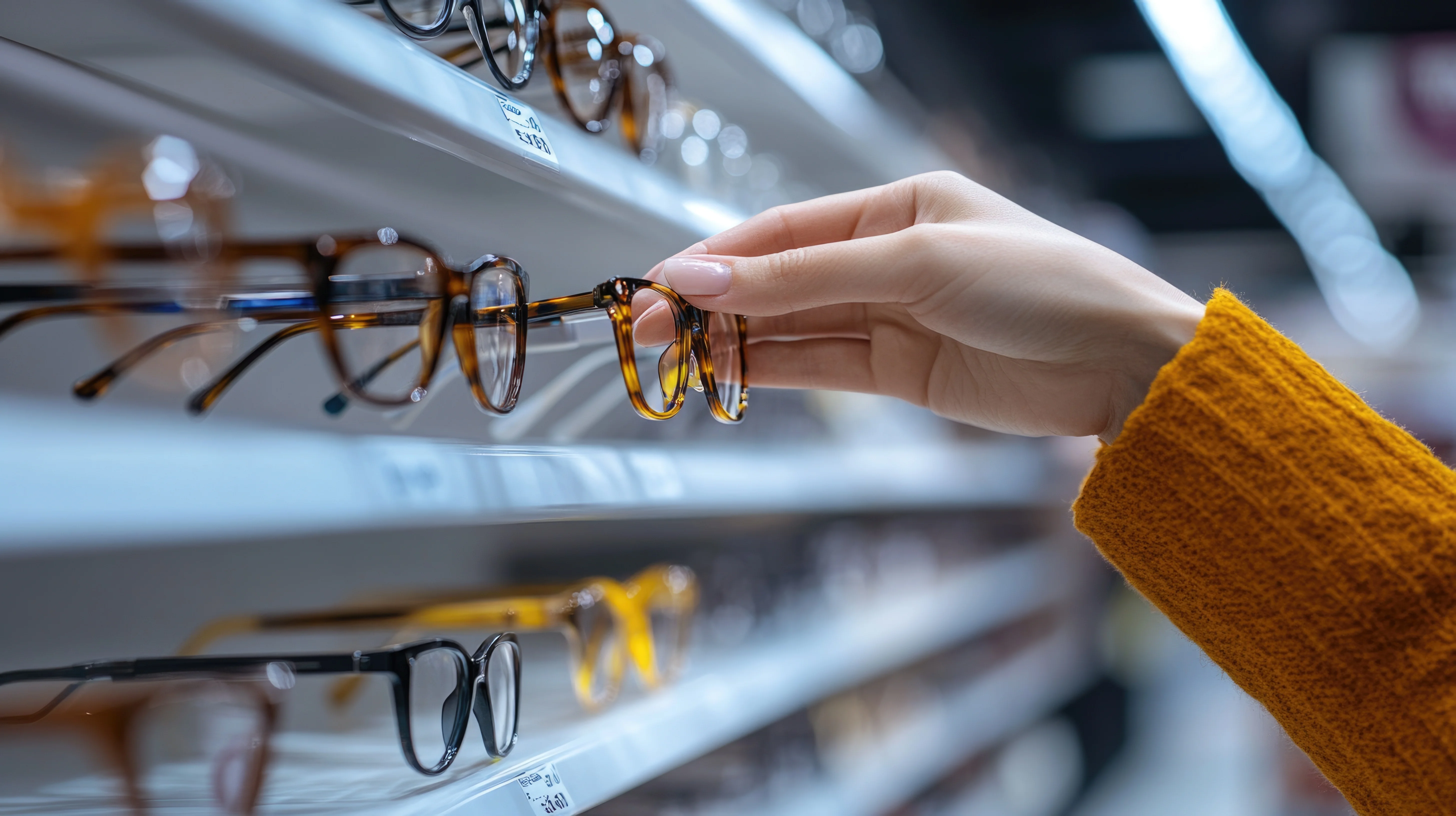 A person trying on glasses in an eyewear store.