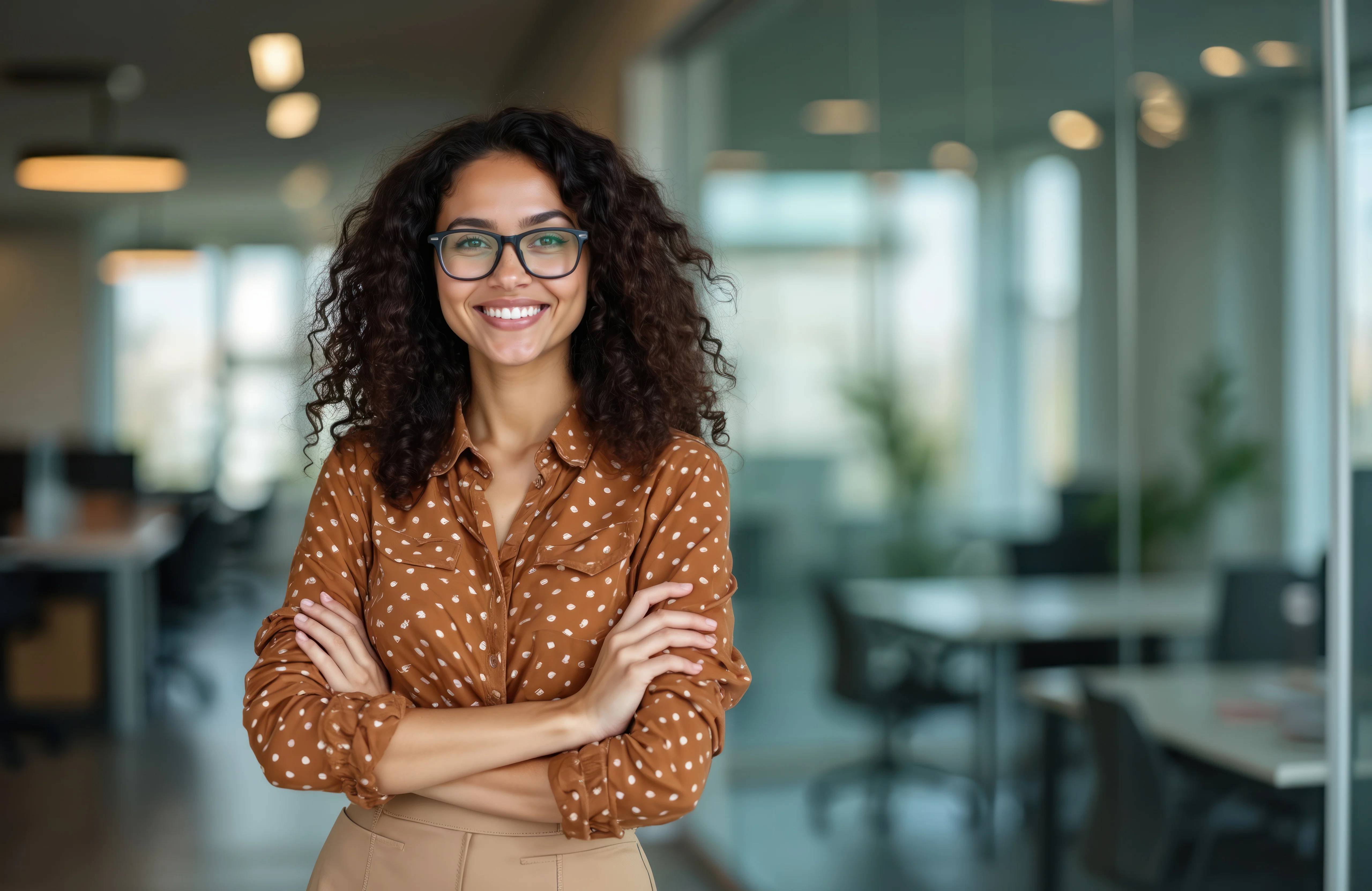 Successful hispanic businesswoman portrait. Young female worker in office with arms crossed smiles looking at camera. She wears glasses, brown dotted blouse. Leader, expert consultant concept.