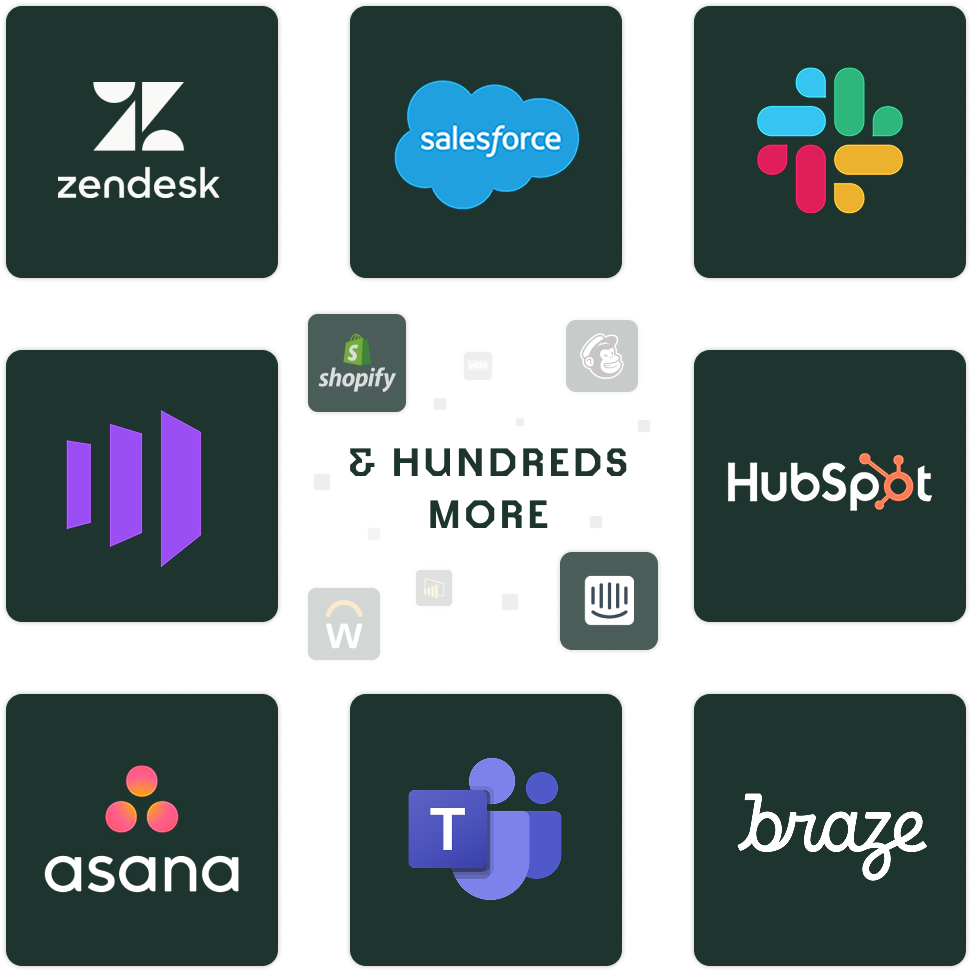 A collage of logos for Zendesk, Salesforce, Slack, Shopify, HubSpot, Intercom, Workday, Asana, Microsoft Teams, and Braze, arranged in a grid on a dark background.