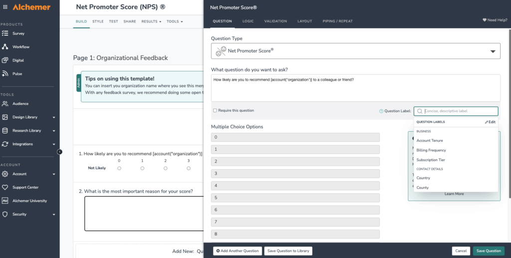 Question editor in survey build mode