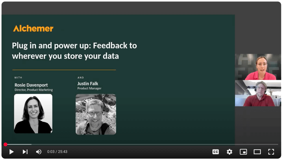 A webinar slide titled Plug in and power up: Feedback to wherever you store your data by Alchemer, with photos of presenters Rosie Davenport and Justin Falk, and two video call participants shown on the right.