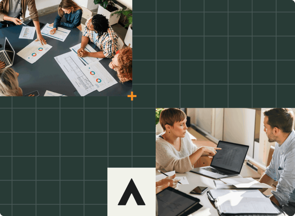 Two groups of people collaborate at tables with laptops and printed charts, discussing data and graphs in a modern office setting on a grid-patterned background.